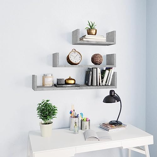 Wall Display Shelf 3 pcs Shelving,Bookcase with Doors,White Bookcase,Suitable for Study, Bedroom, Office, Living Room,Concrete Gray Engineered Wood - color: Grey