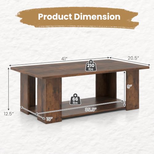 POWERSTONE 41 Inch 2-Tier Coffee Table with Storage Shelf, Wood Farmhouse Center Table with L Legs & Extra Bottom Support for Living Room, Rustic Brown - color: Rustic Brown
