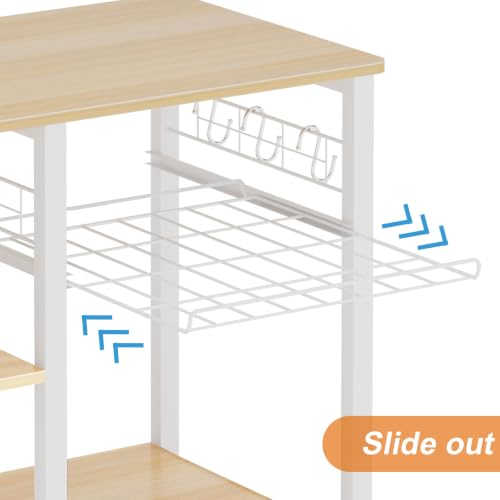 soges 3-Tier Kitchen Baker's Rack, Compact Microwave Stand, White Oak | Space-saving for Apartments, Kitchen, Pantry, Living Room, Sliding Storage Basket, 5 Hooks, Sturdy X-Frame, Easy Assembly - color: White Oak