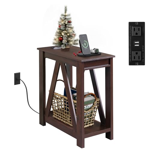 WLIVE Narrow End Table with Charging Station of Open Storage Shelf，Sofa Side Table with 2 USB Ports and 2 Power Outlets，Slim Farmhouse End Table for Small Spaces, 11.8" D x 23.6" W x 23.74" H - color: Espresso