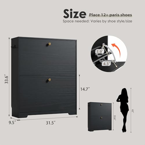 Nicetree Shoe Cabinet with 2 Flip Drawers, Narrow Shoe Organizer Cabinet, Freestanding Shoe Rack Cabinet, Modern Shoe Storage Cabinet for Entryway, Hallway, Foyer, Black with Hook - color: Black, style: 2-Drawers with Hook