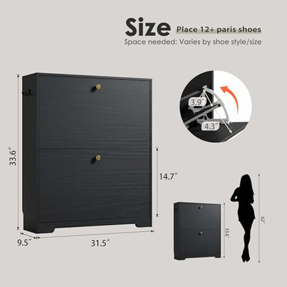 Nicetree Shoe Cabinet with 2 Flip Drawers, Narrow Shoe Organizer Cabinet, Freestanding Shoe Rack Cabinet, Modern Shoe Storage Cabinet for Entryway, Hallway, Foyer, Black with Hook - color: Black, style: 2-Drawers with Hook