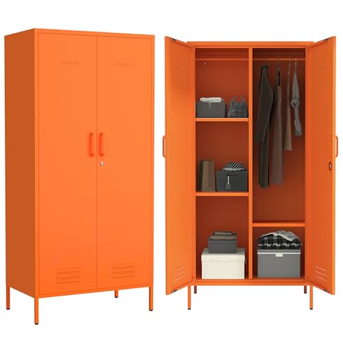 Industrial 67" Orange Lockable Metal 2-Door Storage Cabinet, Multi-Purpose Wardrobe with Hanging Rod & Adjustable Shelves, Heavy Duty for Bedroom, Garage, Home Office 67"H X 31.5"W X 18.1"D - color: Sunlight, style: Wardrobe-67"H-JS
