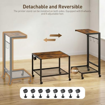RALGEND Printer Stand with Computer Tower Stand, 2-in-1 Mobile Printer Table Under Desk PC Shelf, 2-Tier PC Tower Stand for Floor, Detachable CPU Holder Cart with Charging Station & Lockable Wheels