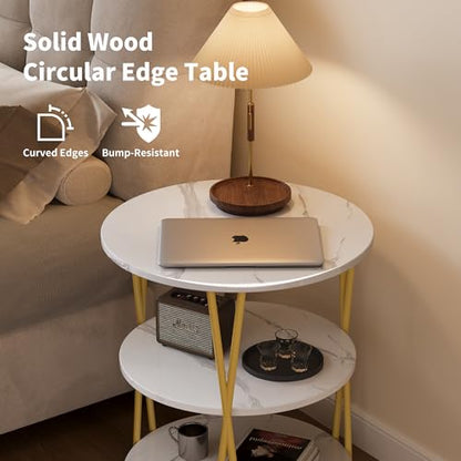 23 Inch Round Side Table 3-Tier End Table Living Room Small Patio Table Nightstands Round Coffee Table Spacious Top for Couch Bedroom 3 Storage Shelves Accent Coffee Table, Marble White - color: Marble White