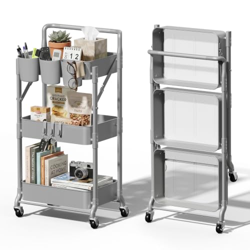 Foldable 3 Tier Metal Utility Rolling Cart, Folding Mobile Multi-Function Storage Trolley Organizer Cart for Home Library Office(Grey) - color: Gray