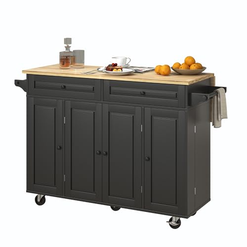 Squireewo 55" Kitchen Cart with Wood Top and Drop Leaf Breakfast Bar, Rolling Mobile Kitchen Island Table on Wheels with Drawer and Storage Cabinet, Spice Rack, Towel Rack, Black - size: 55"W