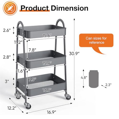 3-Tier Metal Rolling Utility Cart, Small Rolling Cart Kitchen Trolley Bathroom Laundry Room Bar Office Shelves Storage Organizer Shelving Unit with Caster Wheels for Narrow Places, Grey - color: Gray