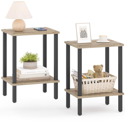 TUTOTAK End Table, Set of 2, Side Table, Nightstand, 2-Tier Storage Shelf, Sofa Table for Small Space, Living Room, Bed Room TB01BG035 - color: Greige