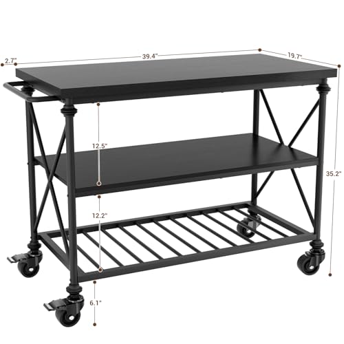 Homieasy Kitchen Island Cart with Wheels, 3-Tier Wood and Metal Rolling Kitchen Island Table with Pipe Legs, Storage Shelves & Lockable Casters for Kitchen Dining Room, Black - color: Black
