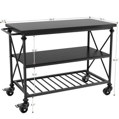 Homieasy Kitchen Island Cart with Wheels, 3-Tier Wood and Metal Rolling Kitchen Island Table with Pipe Legs, Storage Shelves & Lockable Casters for Kitchen Dining Room, Black - color: Black