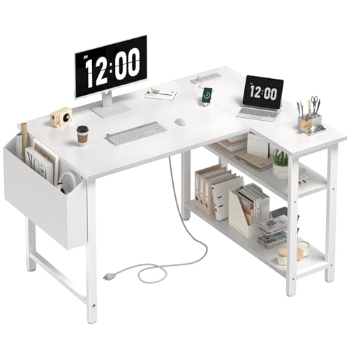 DLisiting White L Shaped Computer Desk with Power Outlet Shelves, 40 Inch Small Corner Desk for Small Space Home Office, Study Work PC Desks for Bedroom, White - color: White, size: 40''