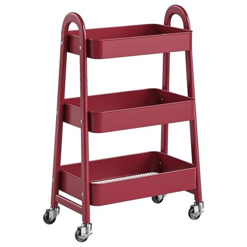 NEWBULIG 3-Tier Metal Rolling Storage Utility Cart with Lockable Wheels | Mobile Organizer Shelf, Space-Saving, Freestanding, Bathroom, Living Room, Slim, Narrow Corner Spaces, Red - color: Red, size: 3 Tier