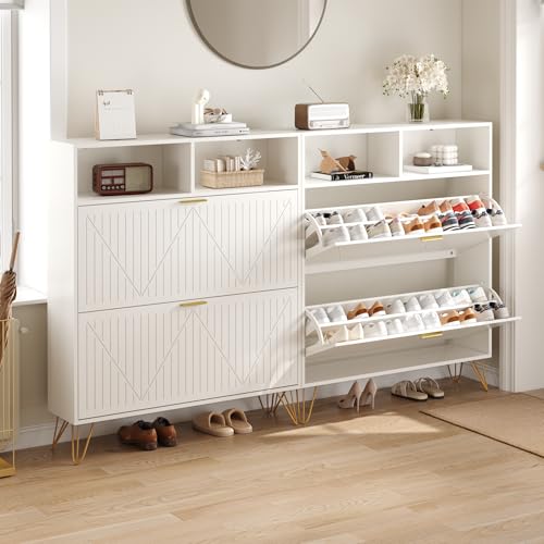 Fluted Shoe Cabinet Storage for Entryway, Set of 2, 39'' Large White Shoe Organizer with 2 Flip Drawers & Open Shelf, Freestanding Hidden Shoe Storage Cabinet - color: 2pc-white, size: Large 2 Flip Drawers with Shelf