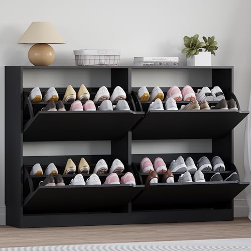 BORNOON Shoe Cabinet with 4 Flip Drawers, Narrow Hidden Shoe Storage Cabinet, Slim Freestanding Shoe Rack Organizer for Entryway, Hallway, Bedroom, Living Room - color: Black, size: 4 Drawers