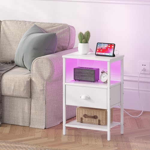 sthmec Nightstands Set of 2, LED Night Stands with Charging Station and Fabric Drawer, Bedside Tables with Drawers, 2- Tier LED Side Table End Table Charging Station Bedroom, White - color: White, style: Power & LED