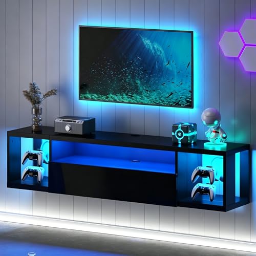 sogesfurniture 55'' Floating TV Stand Wall Mounted with Lights, Floating Entertainment Center with Lights, Modern Media Console with Storage, Wall Mounted LED TV Stand for Living Room, Black - size: 55"-Black
