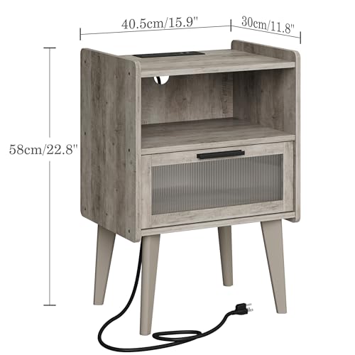 MMEOLUOOK Nightstand with Charging Station, Bedside Tables Oak Grey End Table Side Table with 2 Tiers Storage Space, for Bedroom Living Room MLBZ07GE - color: Oak Gray