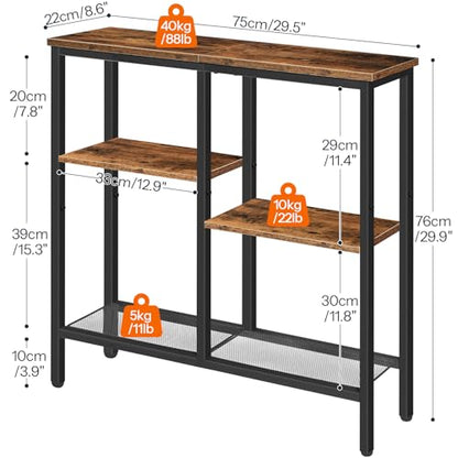 HOOBRO Narrow Console Table, Sofa Table, 4-Tier Industrial Entryway Table with Metal Mesh Shelf, Hallway Table with Adjustable Feet, for Entryway, Living Room, Hallway, Rustic Brown and Black BF79XG01 - color: Rustic Brown + Black