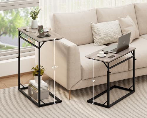 Vagusicc C Shaped End Table with Charging Station, C-Table End Table Adjustable Height Side Table for Couch, Large Couch Table, Slide Under Couch Table TV Tray Table for Sofa,Living Room,Bedroom, Grey - color: Greige, style: With Plug