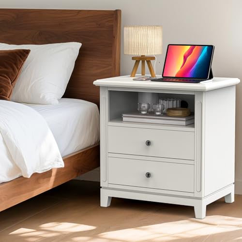 24" Wide Farmhouse Nightstand with Charging Station, Solid Wood End Table with 2 Large Drawers & Open Shelf, Bedside Table with USB Ports and Outlets, Side End Table for Bedroom - color: White