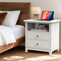 24" Wide Farmhouse Nightstand with Charging Station, Solid Wood End Table with 2 Large Drawers & Open Shelf, Bedside Table with USB Ports and Outlets, Side End Table for Bedroom - color: White