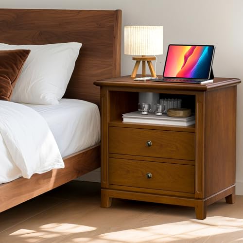 Farmhouse Nightstand with Charging Station, Solid Wood End Table with 2 Large Drawers & Open Shelf, Bedside Table with USB Ports and Outlets, Rustic Wood for Bedroom - color: Walnut
