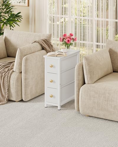 CHOEZON Narrow Side Table with 3 Fabric Drawers, Industrial Slim Bedside Table for Small Spaces, Bedroom, Living Room, Dormitory, White TBZ09WB - color: White