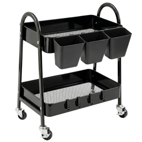 2-Tier Rolling Cart, Utility Cart Mobile Metal Rolling Storage Cart with Lockable Wheels & Hanging Cups & Hooks for Kitchen, Bathroom, Office, Workshop, Purple - color: Black, size: 2 tier