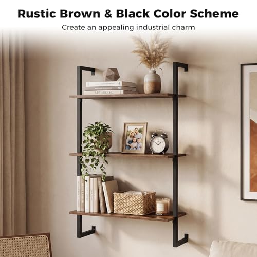 Giantex 3-Tier Wall-Mounted Bookshelf, Industrial Floating Storage Display Shelves with Metal Frame, Wood Open Ladder Bookcase for Living Room, Home Office, Kitchen, Rustic Brown + Black - color: Rustic Brown + Black
