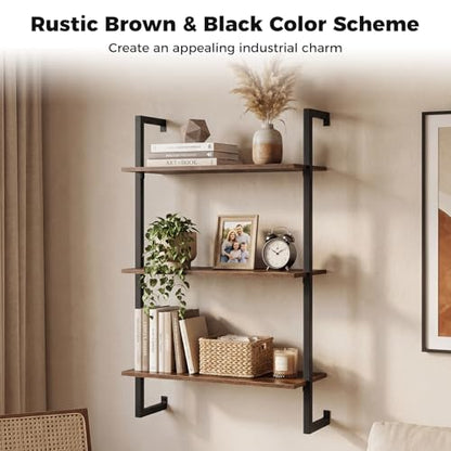 Giantex 3-Tier Wall-Mounted Bookshelf, Industrial Floating Storage Display Shelves with Metal Frame, Wood Open Ladder Bookcase for Living Room, Home Office, Kitchen, Rustic Brown + Black - color: Rustic Brown + Black