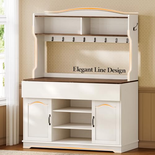 47.2 inch Bakers Rack with Storage and Drop Leaf, Farmhouse Coffee Bar Cabinet with Power Outlet, Large Microwave Stand with Storage Cabinet, 10 Hooks and Curved Design for Kitchen, Walnut, White - size: 47.2 in Drop Leaf Countertop