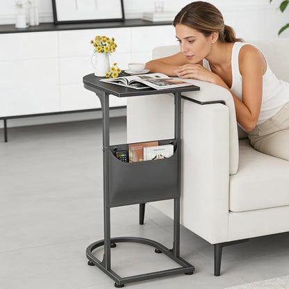 C Shaped End Table, Slide Under Small Side Table for Couch & Small Spaces | Wobble-Free C Table For Sofa, Black, Storage Bag, Sturdy Metal Frame, Wood Top, Living Room & Bedroom, 15-Min Quick Assembly - color: Classic Black