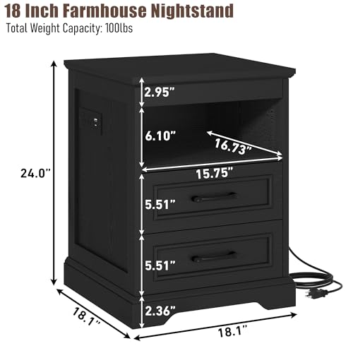 18" Farmhouse Accent Nightstand with Charging Station, Black | End Table with 3 Drawers Storage, Side Table, Bedside Cabinet for LivingRoom Bedroom Office - color: Black