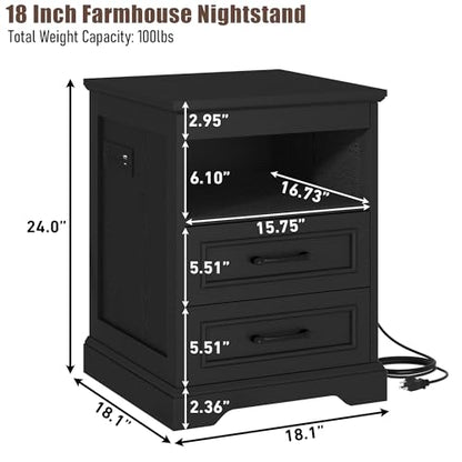 18" Farmhouse Accent Nightstand with Charging Station, Black | End Table with 3 Drawers Storage, Side Table, Bedside Cabinet for LivingRoom Bedroom Office - color: Black