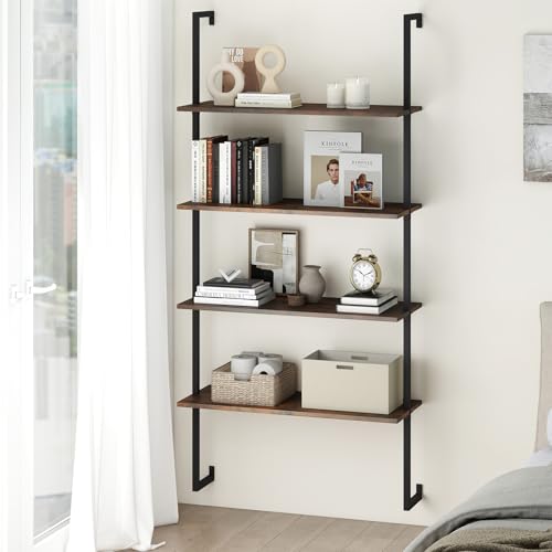 Giantex 4 Tier Modern Wall Mounted Bookshelf Rustic Brown, 64" Industrial Wood Bookcase with Metal Frame, Display Storage Rack Organizer, Ladder Shelf Bookcase for Living Room, Kitchen