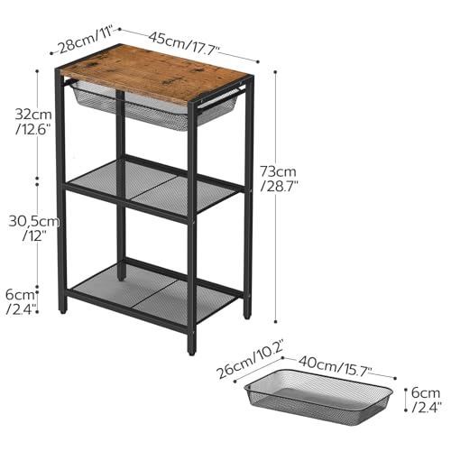 HOOBRO 28.7 Inch Tall Side Table, 3-Tier Industrial Telephone End Table with Adjustable Metal Mesh Basket, Desk Side Table with Storage Shelves, for Living Room, Bedroom, Rustic Brown BF06DH01 - color: Rustic Brown + Black