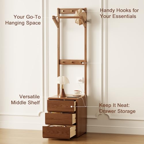 Solid Wood Coat Rack Freestanding,Standing Coat Rack with 3 drawers,Clothing Racks for Hanging Clothes,Narrow Hall Tree with Storage,Walnut Nightstand with 6 Coat Hooks for Bedroom Entryway Corner - size: 3 drawers