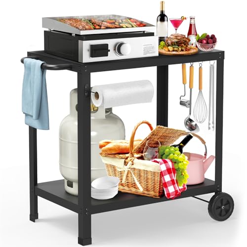 32x20IN Double-Shelves Grill Table, Outdoor Grill Cart for Blackstone Griddle, Movable Pizza Oven Table Cart for Outside Patio, Kitchen Cooking Food Prep Table for Party - color: Metal