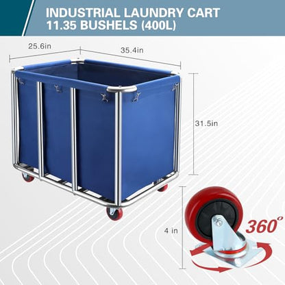 Commercial Laundry Cart with Wheels,400L Large Commercial Laundry Hamper,Commercial Laundry Basket with Sturdy Stainless Steel Frame and Oxford Bag for Home Hotel Hospital 440 lbs (Blue) - color: Blue