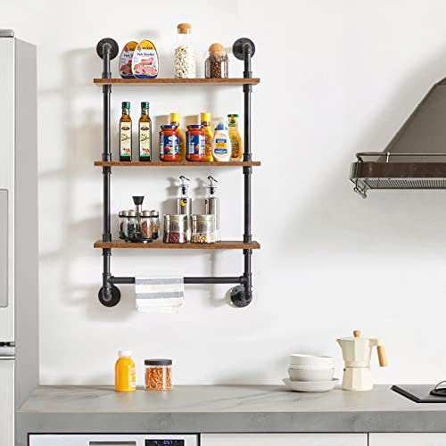 IBUYKE 3-Tiers Industrial Pipe Shelves with Towel Bar RF-TM015 | Rustic Wall Mount Bookcase,Metal Bracket Storage Wall Shelf for Bedroom, Kitchen - size: 3 Tier with Tower Bar