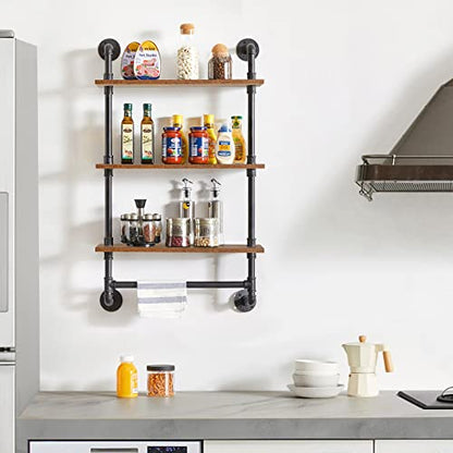 IBUYKE 3-Tiers Industrial Pipe Shelves with Towel Bar RF-TM015 | Rustic Wall Mount Bookcase,Metal Bracket Storage Wall Shelf for Bedroom, Kitchen - size: 3 Tier with Tower Bar