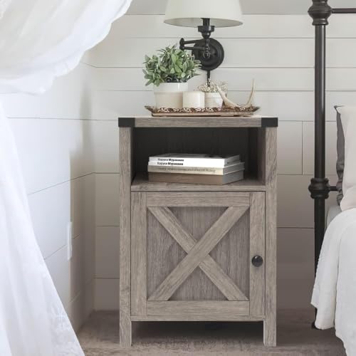 Farmhouse End Table, Nightstand with Barn Door and Shelf,Grey Wash | End Tables,Wooden Sofa Side Table, Modern Bed Side Table Rustic Nightstands, Bedroom, Living Room - color: Gray Wash
