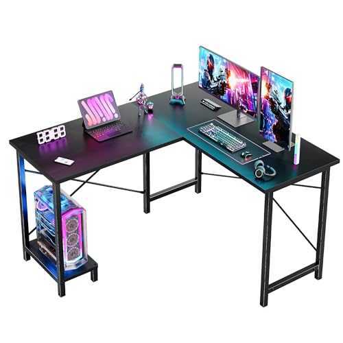 DUMOS 50 Inch L Shaped Desk with CPU Shelf, Black | Reversible Computer Desk, Corner Gaming Desk, Home Office Desk for Study, Writing and Work, Sturdy Modern Design - color: Black