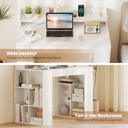 Giantex White Desk with Storage Shelves, 43" Home Office Computer Desk with Charging Station, Dual 3 Tier Bookshelf & Monitor Stand, PC Table Workstation, Modern Study Writing Desk for Bedroom, Dorm