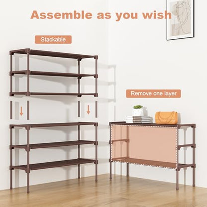 34" Widening Design Shoe Rack for Closet 16 Pairs Small Spaces Non-Woven 3 Tier Shoe Organizer Stackable Metal Shoe Shelf for Entryway, Bedroom Brown - color: Brown