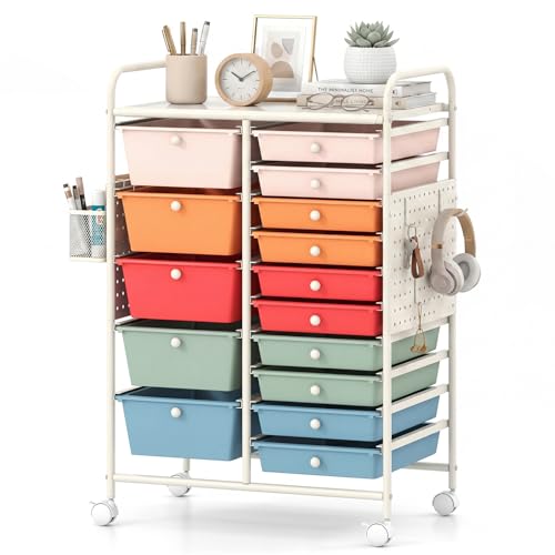 GOFLAME 15-Drawer Rolling Storage Cart with Pegboard, Craft Storage Cart with Lockable Wheels and Metal Frame, Art Cart Supply Storage Organizer for Home Office Classroom, Macaron Color - color: Macaron Color, size: 15-drawer with Pegboard-25"x14.5"x34.5"