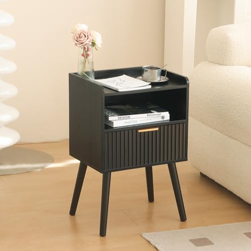 AWASEN Black Fluted Nightstand Set of 2, Modern Bedside Table Set of 2 with Storage Drawers, Small Nightstand Bed Side Table with Solid Wood for Living Room, Bedroom, Office and Small Spaces (Black) - color: Black Set of 2