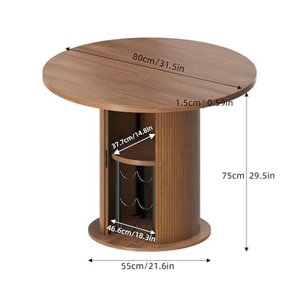 Wildhome Round Dining Table for 2-3, 31 Inch Dining Room Kitchen Table with 2-Tier Storage Shelf & Wine Rack, Modern Farmhouse Fluted Wood Slide Door Dinner Furniture,Circle(Non scalable-32 In-Walnut) - color: Non-scalable-32 Inch-walnut