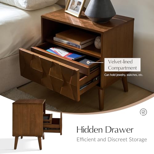 Mid-Century Modern End Table with Charging Station, Open Shelf & Drawer with Velvet-Lined Hidden Compartment, Wood Side Tables with Geometric Panel, Walnut